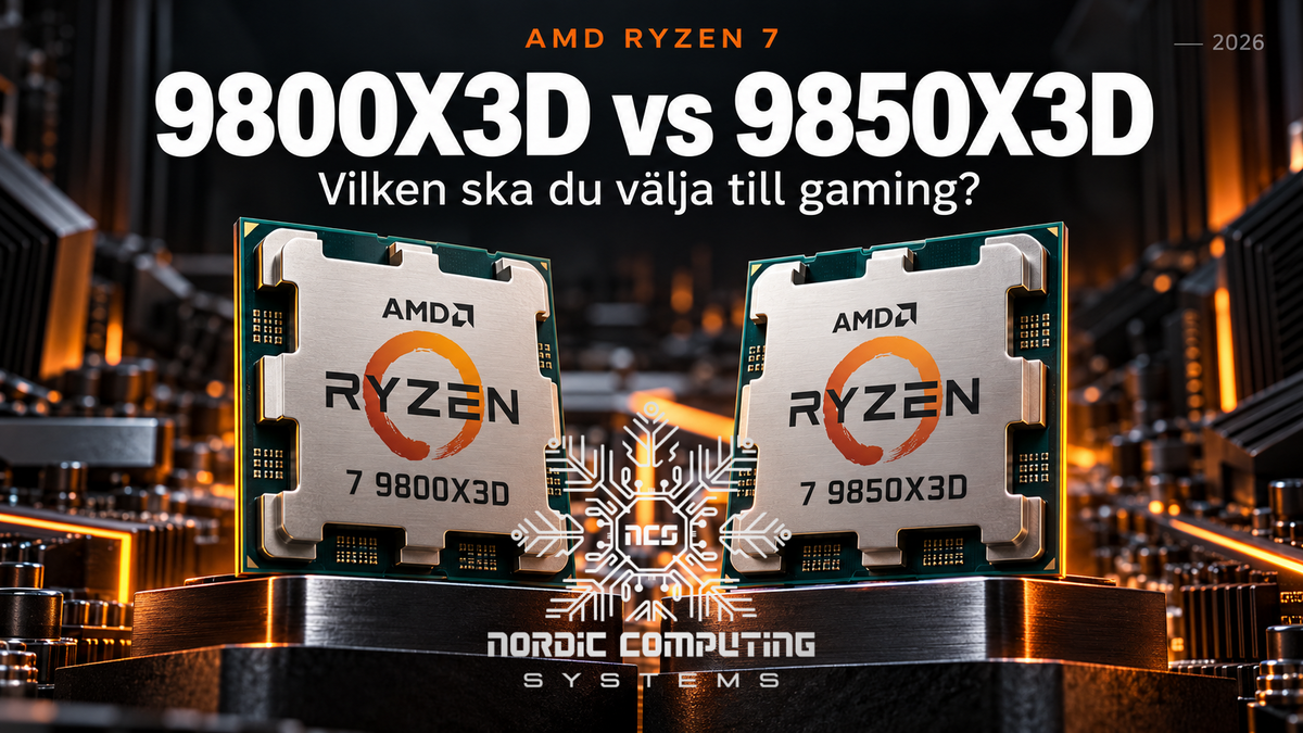Illustration av AMD Ryzen 7 9800X3D och 9850X3D med rubriken ”Vilken ska du välja till gaming?”