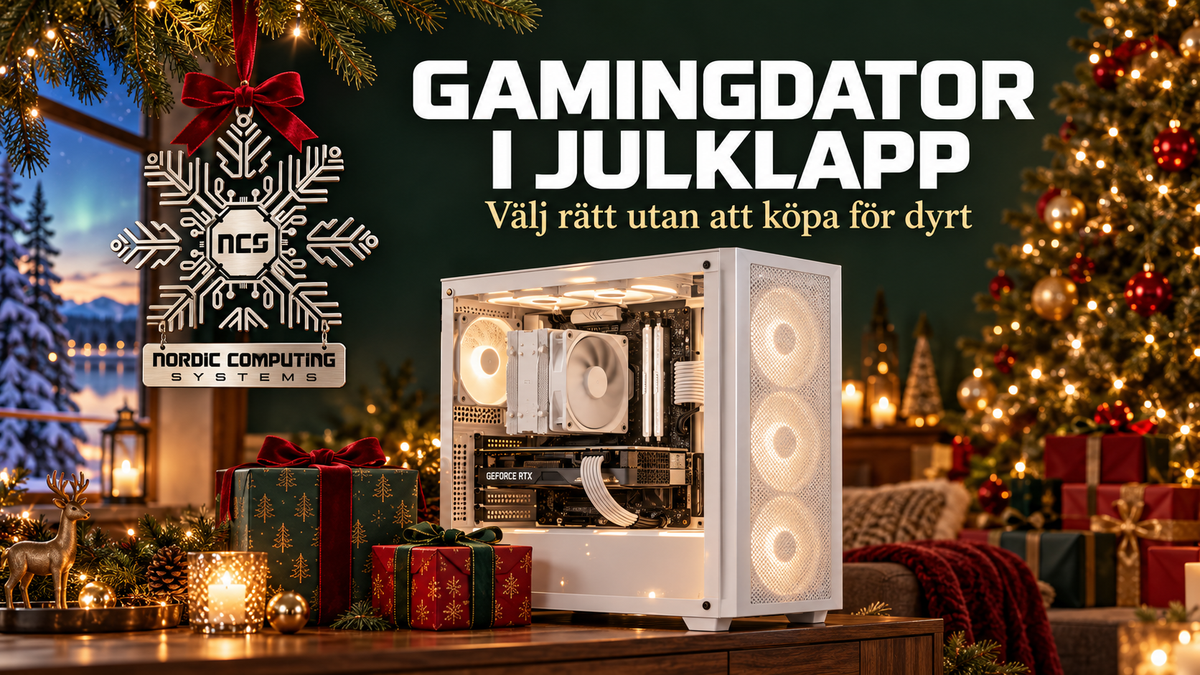 Vit gamingdator bland julklappar, med NCS-loggan som julornament och texten Gamingdator i julklapp.