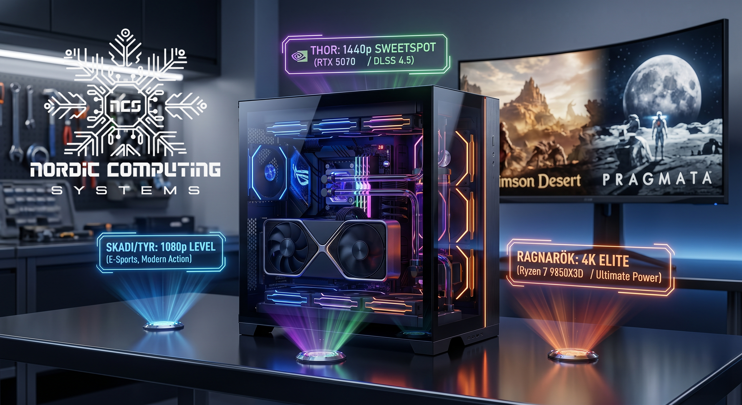 En modern gamingdator i ett stilrent chassi med glaspaneler står på ett mörkt skrivbord. Framför datorn projiceras tre lysande, färgkodade hologram som representerar olika prestandaklasser