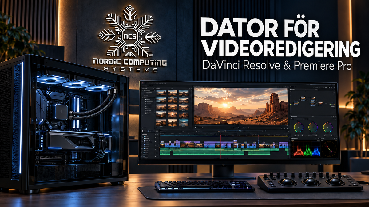 Dator för videoredigering med redigeringsskärm och belyst Nordic Computing Systems-logga i en filmstudio.