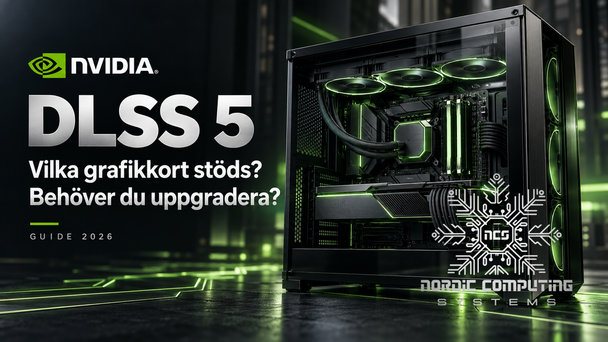 Illustration av en gamingdator med grön belysning och texten ”DLSS 5 – Vilka grafikkort stöds? Behöver du uppgradera?”
