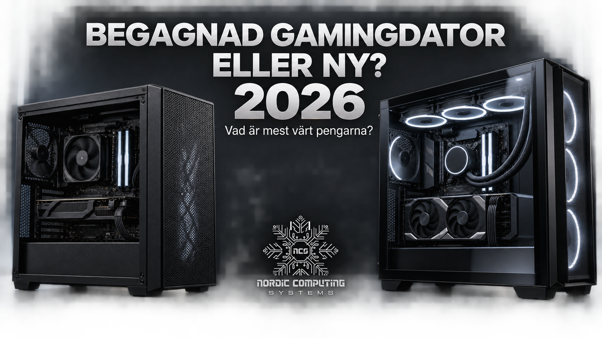 Två gamingdatorer i grafit och silver med rubriken Begagnad gamingdator eller ny 2026 och Nordic Computing Systems logotyp.