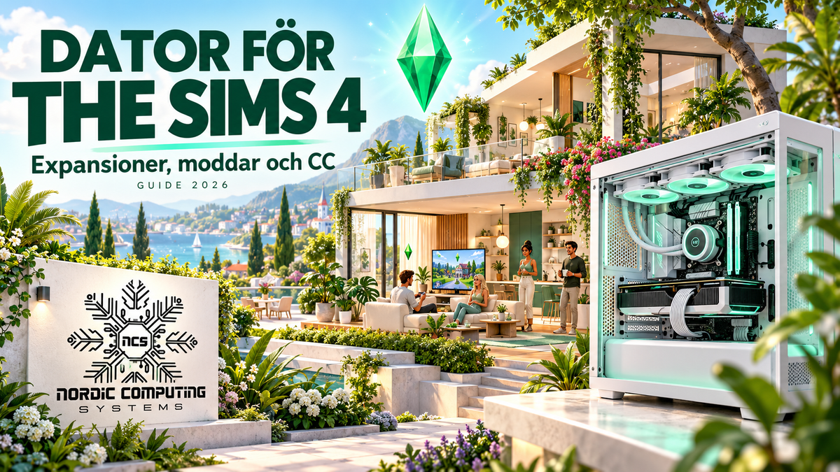 Sims-inspirerat drömhus med vit gamingdator, Nordic Computing Systems-logga och rubriken Dator för The Sims 4.
