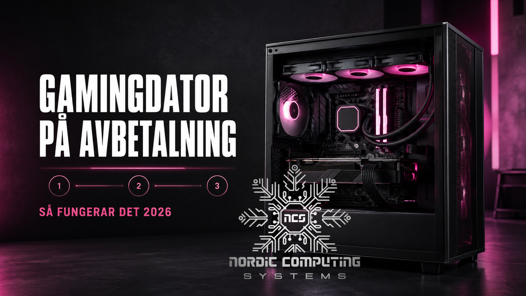 Gamingdator med rosa belysning och texten Gamingdator på avbetalning