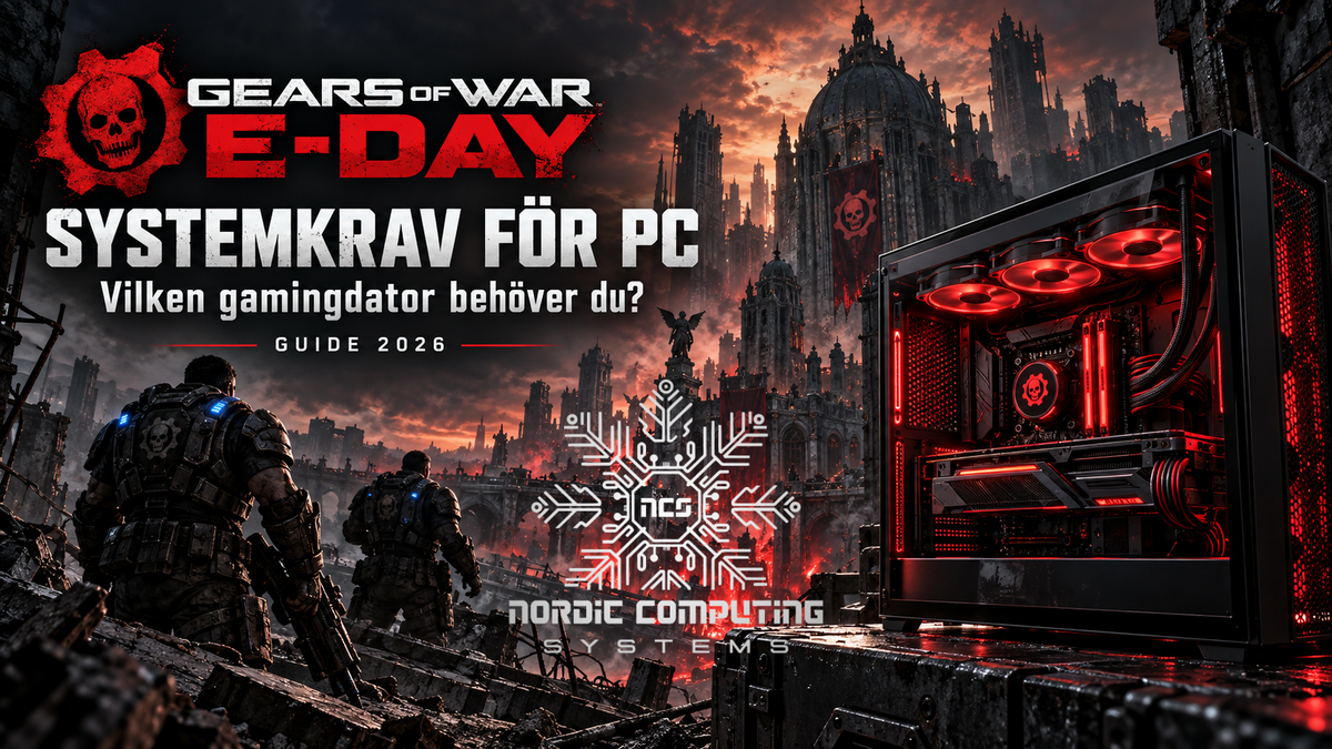 Gears of War: E-Day-inspirerad illustration med två soldater, en förstörd stad och en gamingdator med röd belysning.
