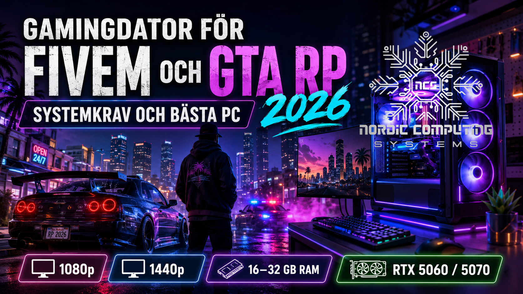 Gamingdator för FiveM och GTA RP 2026 med fokus på systemkrav, RAM, CPU, SSD, RTX 5060, RTX 5070 och 1440p.