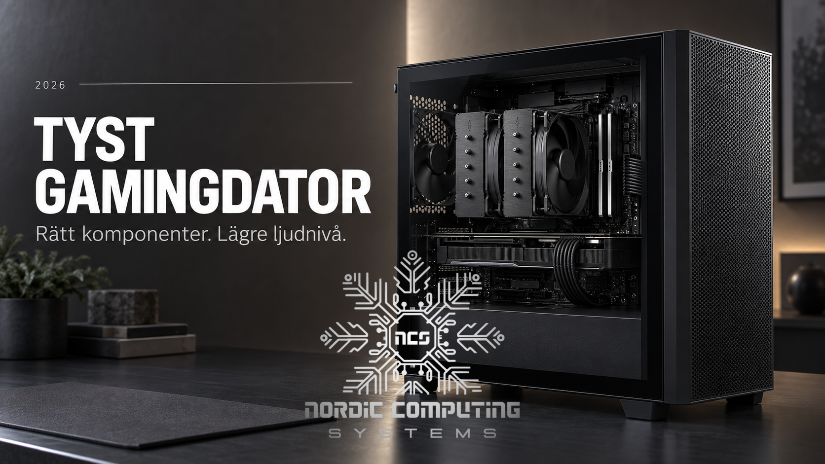 Svart gamingdator med meshfront, stor luftkylare och två RAM-stickor bredvid texten Tyst gamingdator.