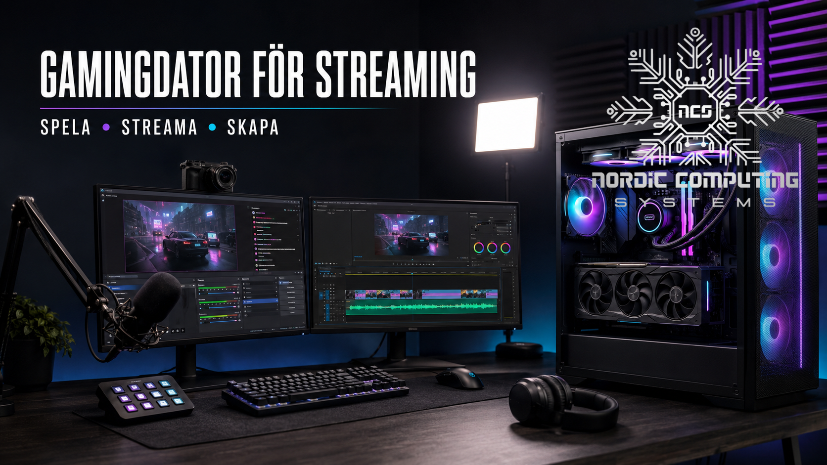 Gamingdator för streaming och skapande med mikrofon, kamera, dubbla skärmar och videoredigering.