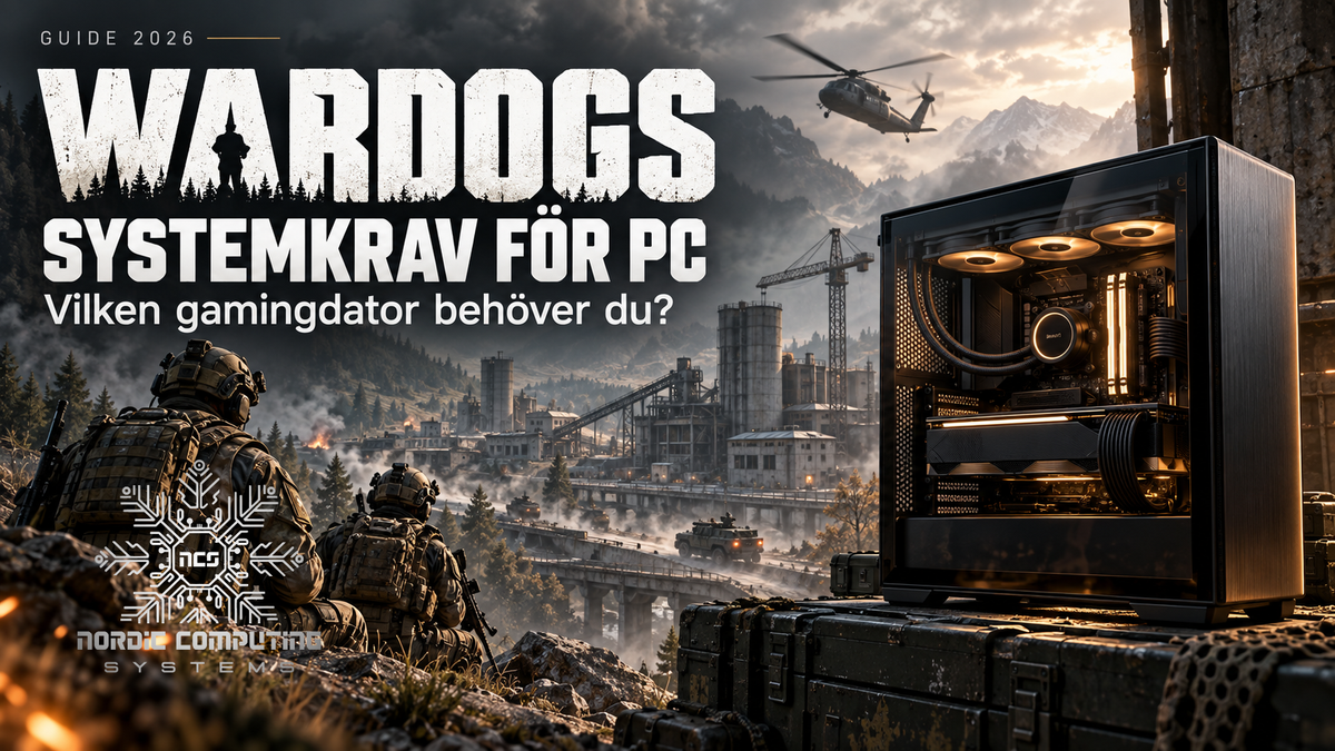 WARDOGS-inspirerad illustration med soldater, helikopter och gamingdator framför en industrimiljö i bergen.