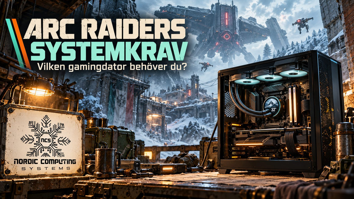 ARC Raiders systemkrav – gamingdator i snötäckt science fiction-miljö med artikelrubrik och Nordic Computing Systems logga