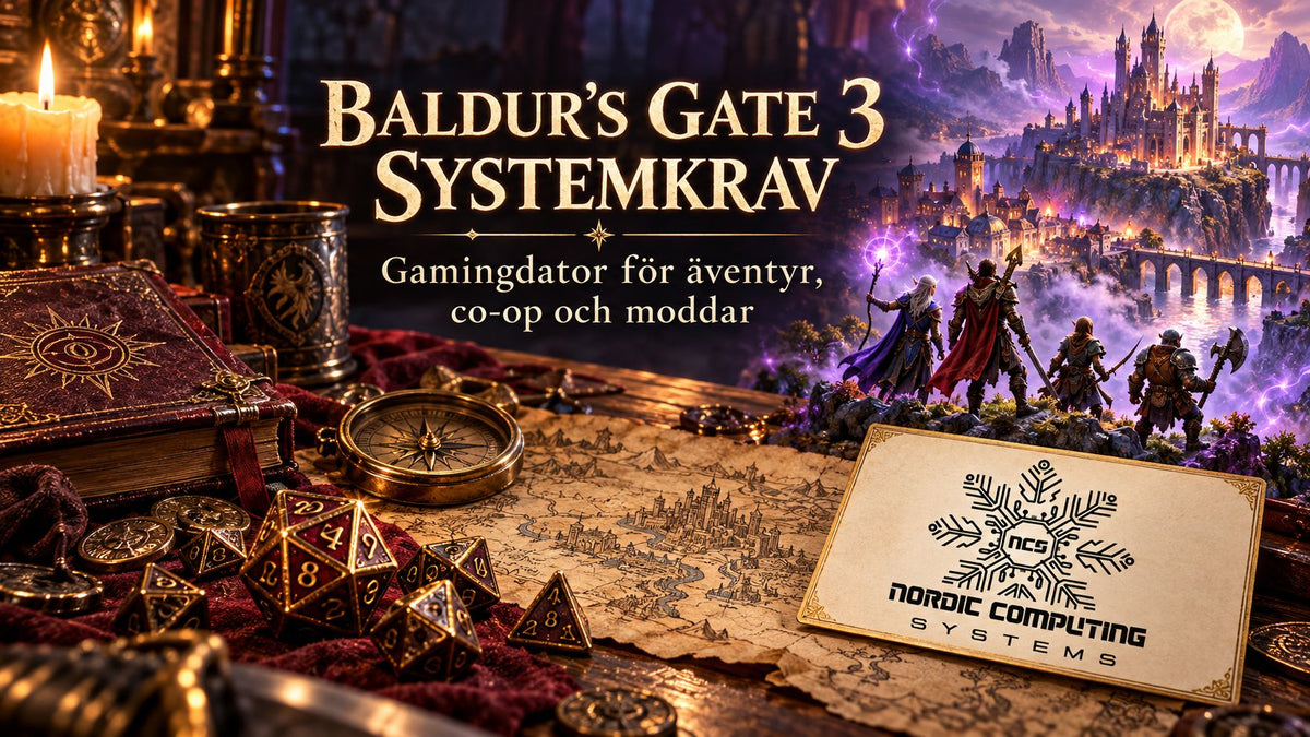 Baldur’s Gate 3 systemkrav – gamingdator för äventyr, co-op och moddar – eget tematiskt omslag med NCS-logga.