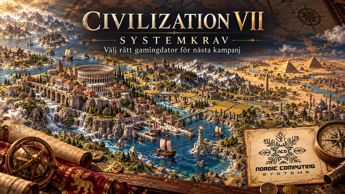 Civilization VII systemkrav – välj rätt gamingdator för nästa kampanj – tematiskt omslag med NCS-logga.