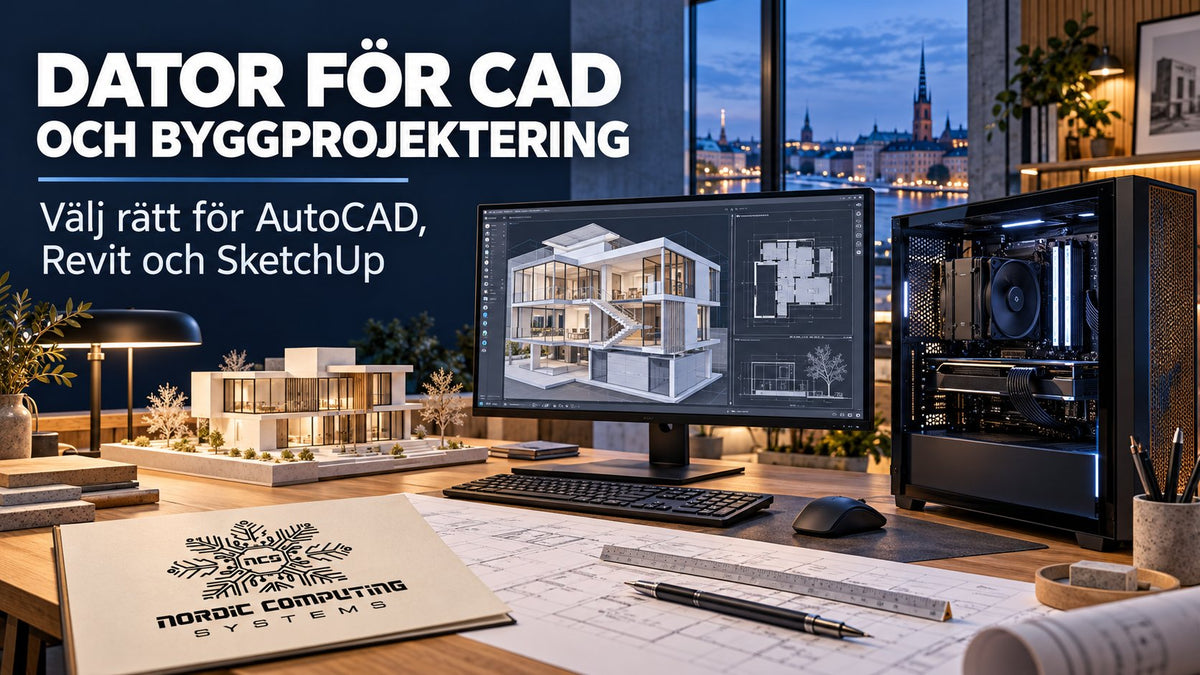 Dator för CAD och byggprojektering – arkitektstudio med dator, byggnadsmodell, ritningar och artikelns titel samt Nordic Computing Systems logga.