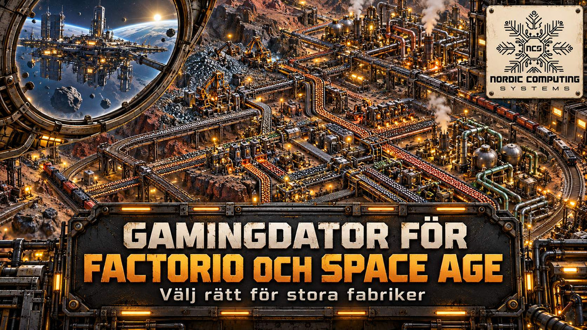 Gamingdator för Factorio och Space Age – välj rätt för stora fabriker – eget tematiskt omslag med NCS-logga.