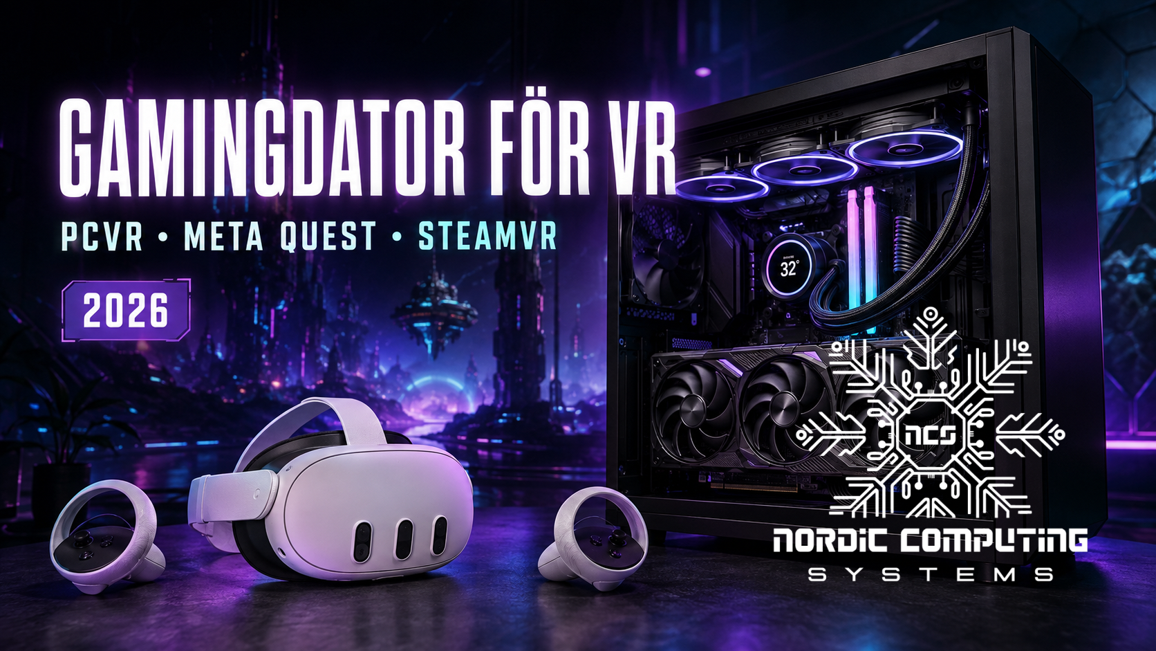     Gamingdator för VR med Meta Quest-headset, handkontroller och RGB-belyst PC för SteamVR och PCVR