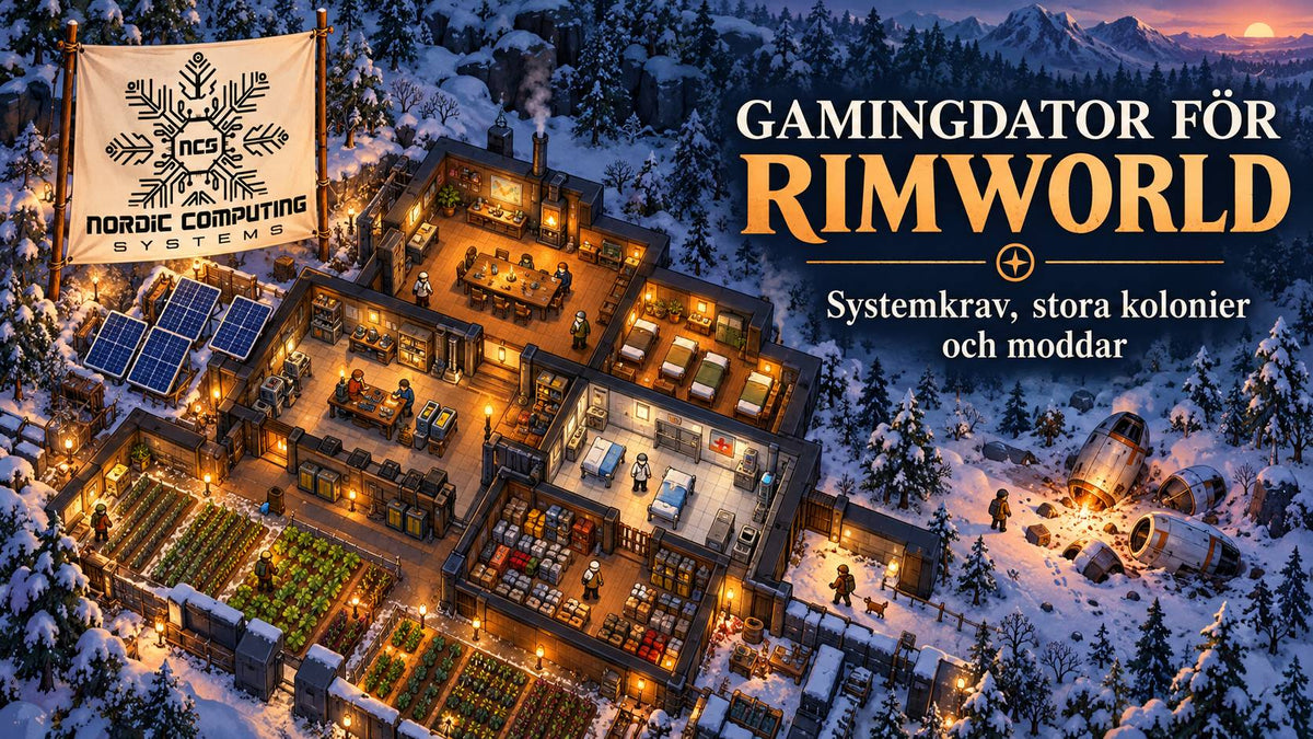 Gamingdator för RimWorld – systemkrav, stora kolonier och moddar – eget tematiskt omslag med NCS-logga.