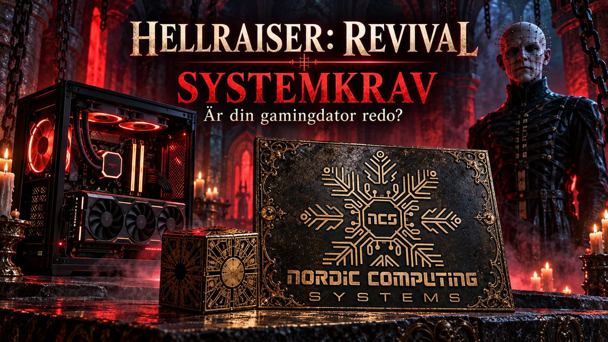 Hellraiser: Revival systemkrav – är din gamingdator redo? Gamingdator, pusselbox och Nordic Computing Systems logga i en mörkröd skräckmiljö med Pinhead
