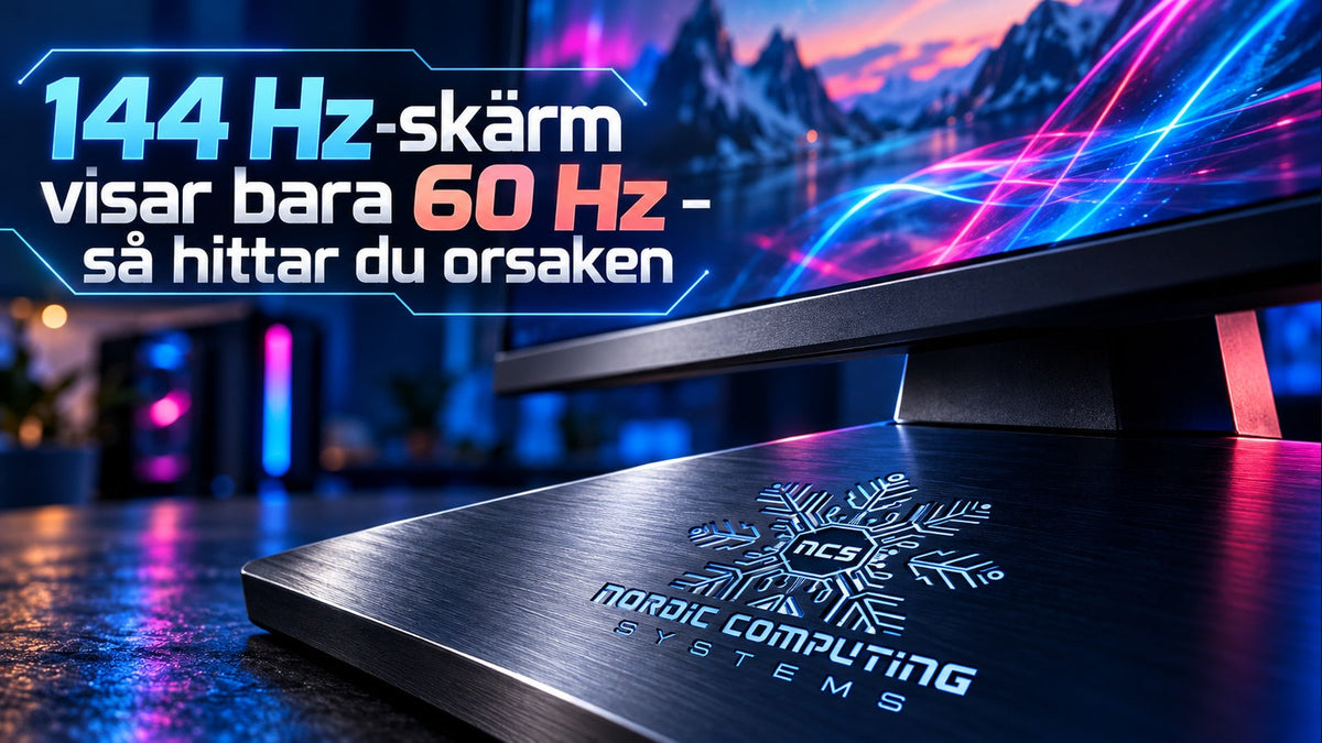 144 Hz-skärm visar bara 60 Hz – så hittar du orsaken. Blå och korallfärgad typografi och NCS-loggan graverad i bildskärmens metallfot.