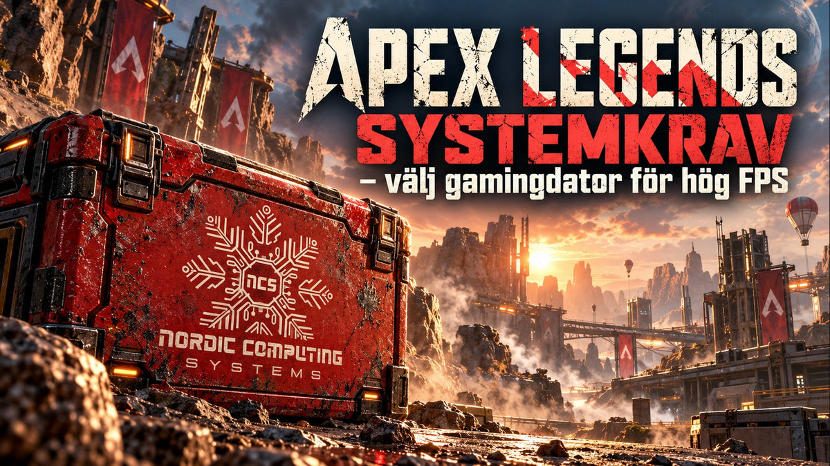 Apex Legends systemkrav – välj gamingdator för hög FPS. Industriell korallröd typografi och NCS-loggan som stencil på en förrådslåda i science fiction-miljö.