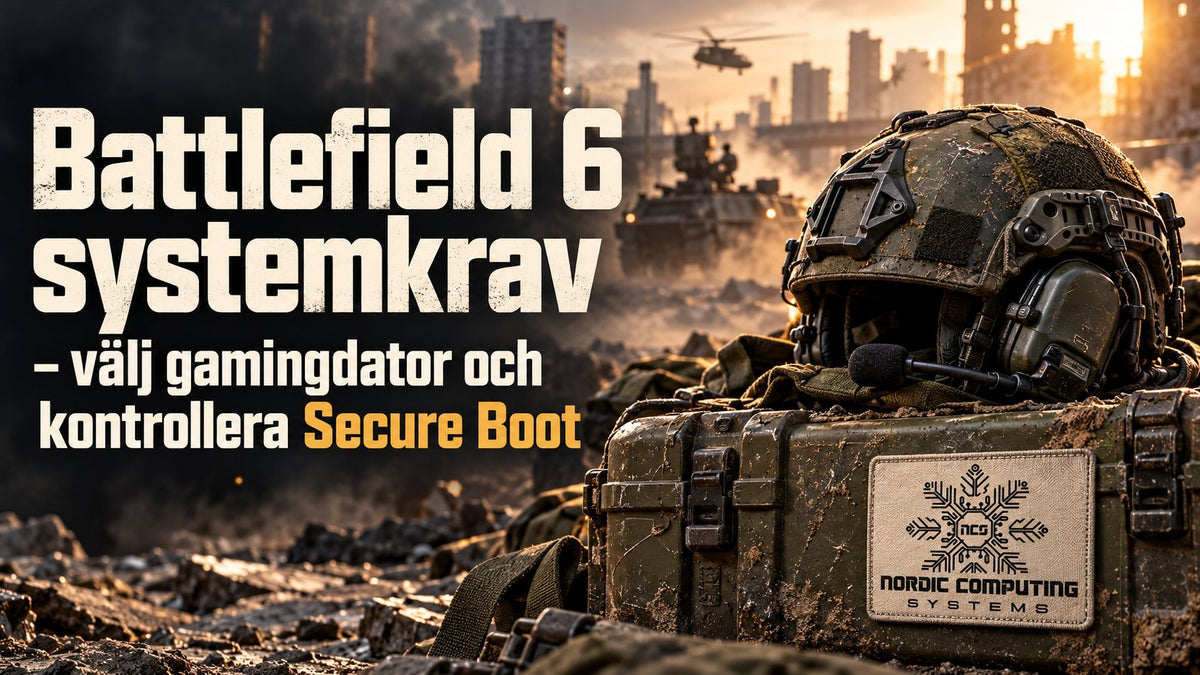 Battlefield 6 systemkrav – välj gamingdator och kontrollera Secure Boot. Hjälm och headset på en utrustningslåda med NCS-logga i militär miljö.