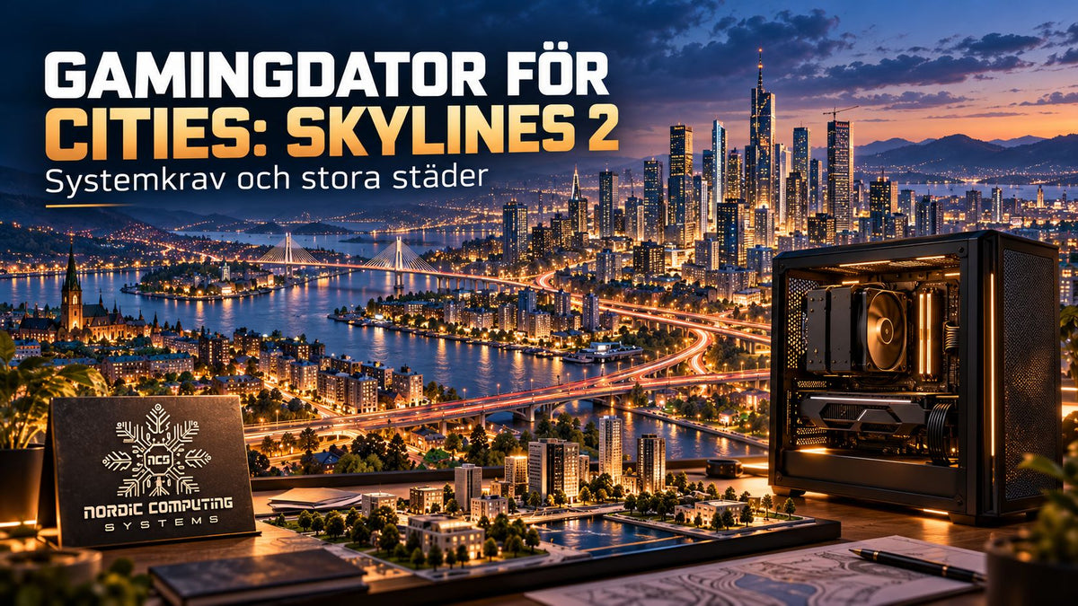 Gamingdator för Cities: Skylines 2 med illustrerad storstad, artikelns titel och NCS-logga.
