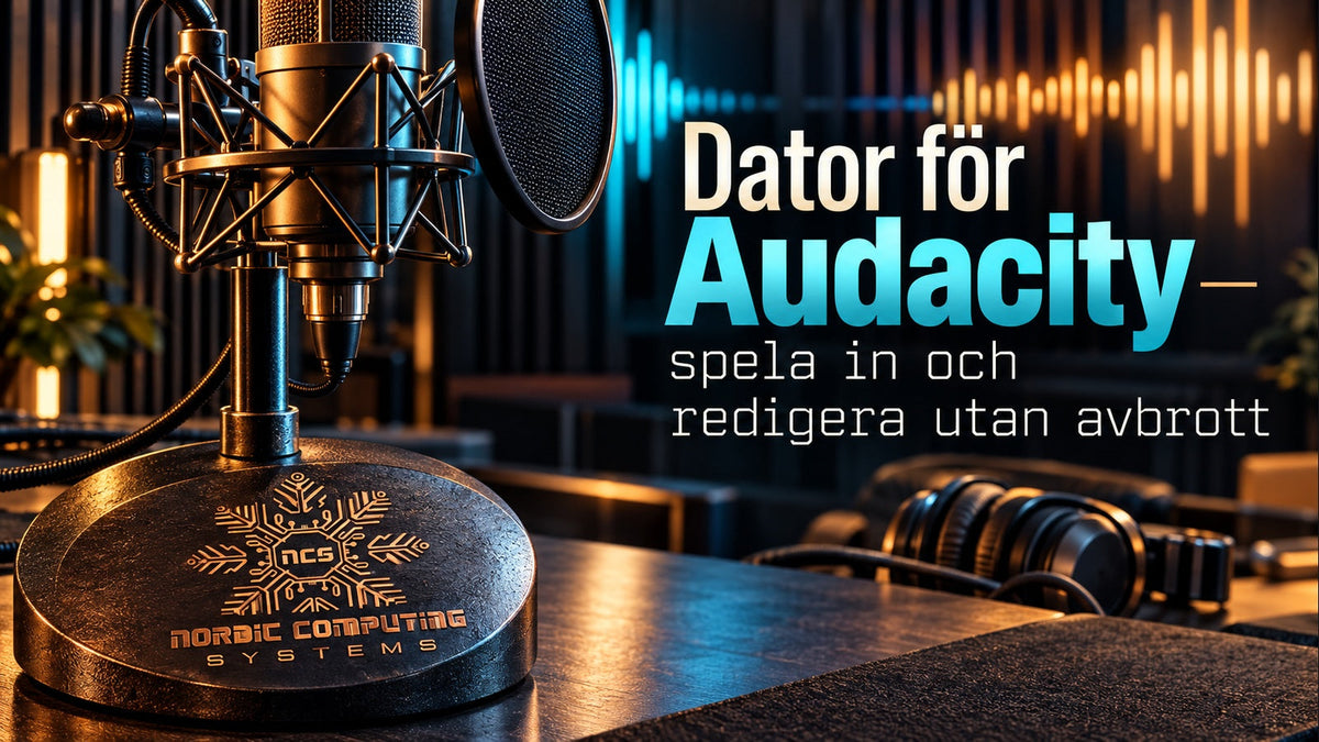 Dator för Audacity – spela in och redigera utan avbrott. Mikrofon, turkos och kopparfärgad ljuddesign och NCS-loggan graverad i stativets metallbas.