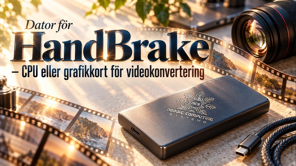 Dator för HandBrake – CPU eller grafikkort för videokonvertering. Filmisk typografi, kamera och lagring med NCS-loggan som gravyr på en SSD-enhet.