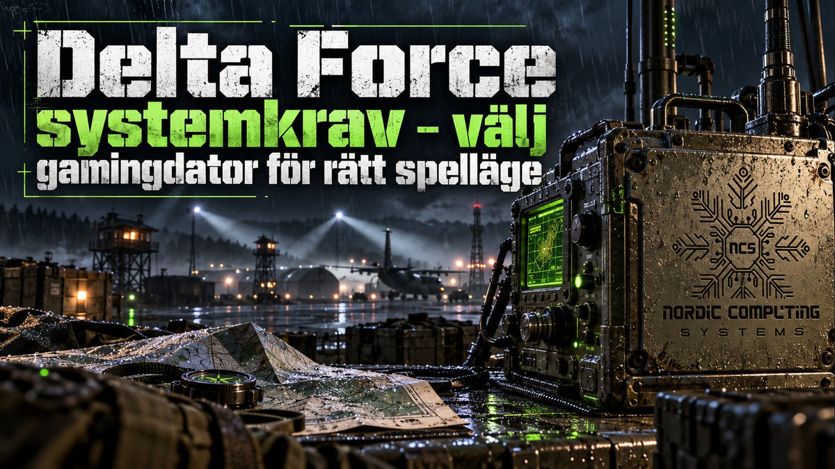 Delta Force systemkrav – välj gamingdator för rätt spelläge. Limegrön militär typografi och NCS-loggan graverad i en taktisk radio vid en nattlig utpost.