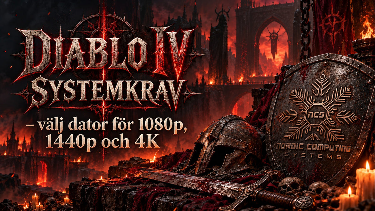 Diablo IV systemkrav – välj dator för 1080p, 1440p och 4K. Gotisk typografi i glödande katedralmiljö med NCS-loggan som metallgravyr.