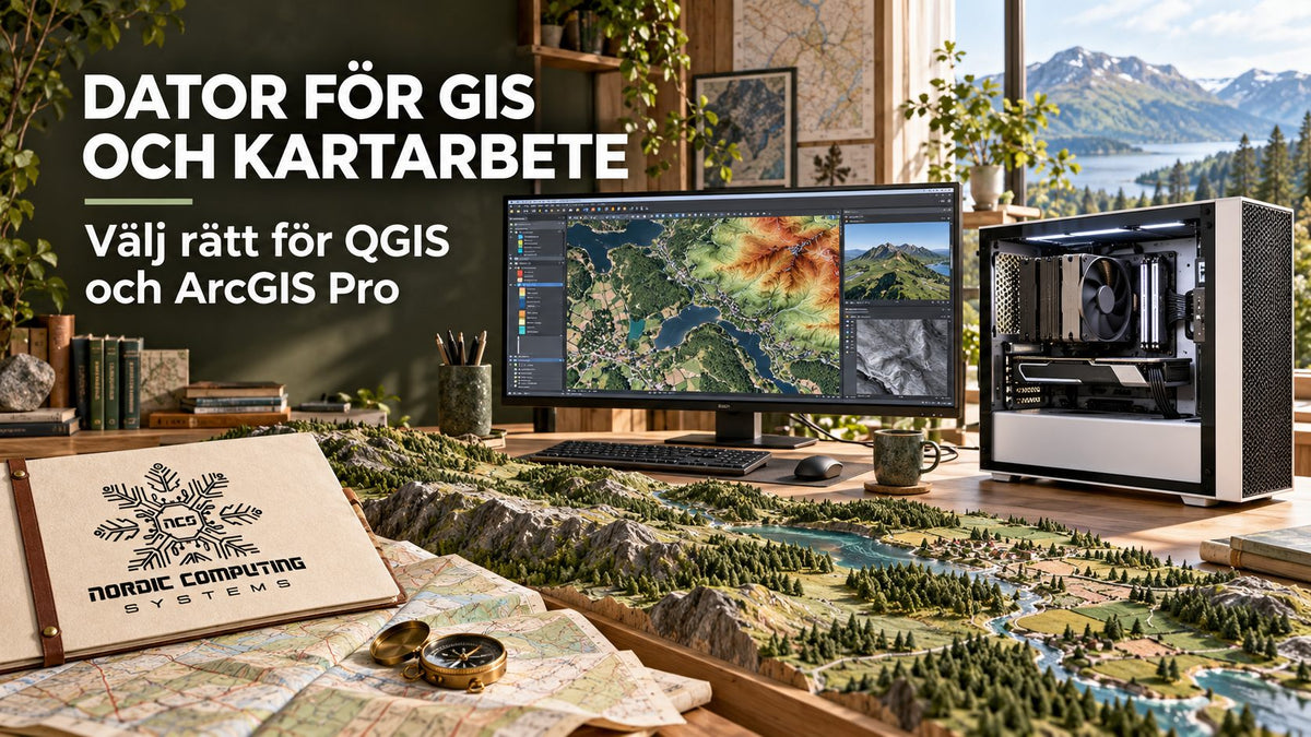 GIS-dator med kartlager och terrängmodell, artikelns titel och NCS-logga.