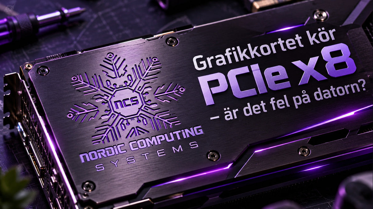 Grafikkortets metallbakplatta i violett ljus med artikelns titel och graverad NCS-logga.