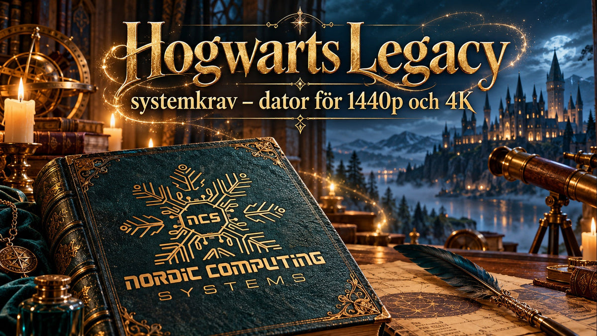 Hogwarts Legacy systemkrav – dator för 1440p och 4K. Gyllene fantasytypografi, slott i bakgrunden och NCS-loggan guldpräglad i ett läderbundet bokomslag.