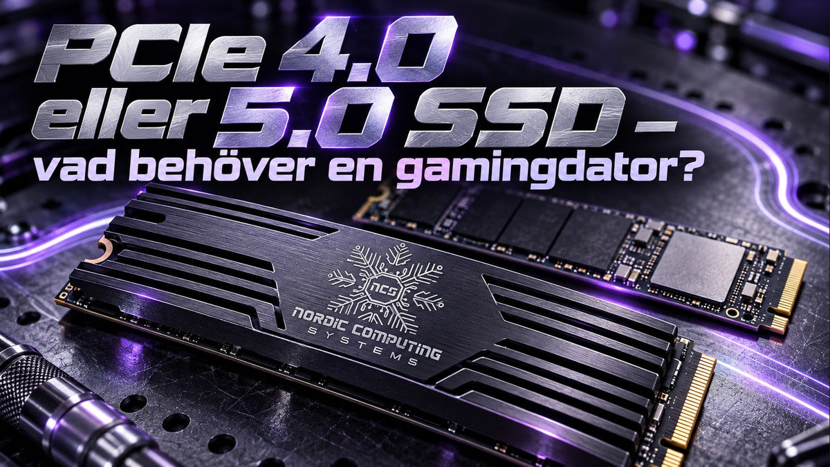 PCIe 4.0 eller 5.0 SSD – vad behöver en gamingdator? Två NVMe-enheter, violett teknisk typografi och NCS-loggan graverad i den främre kylflänsen.