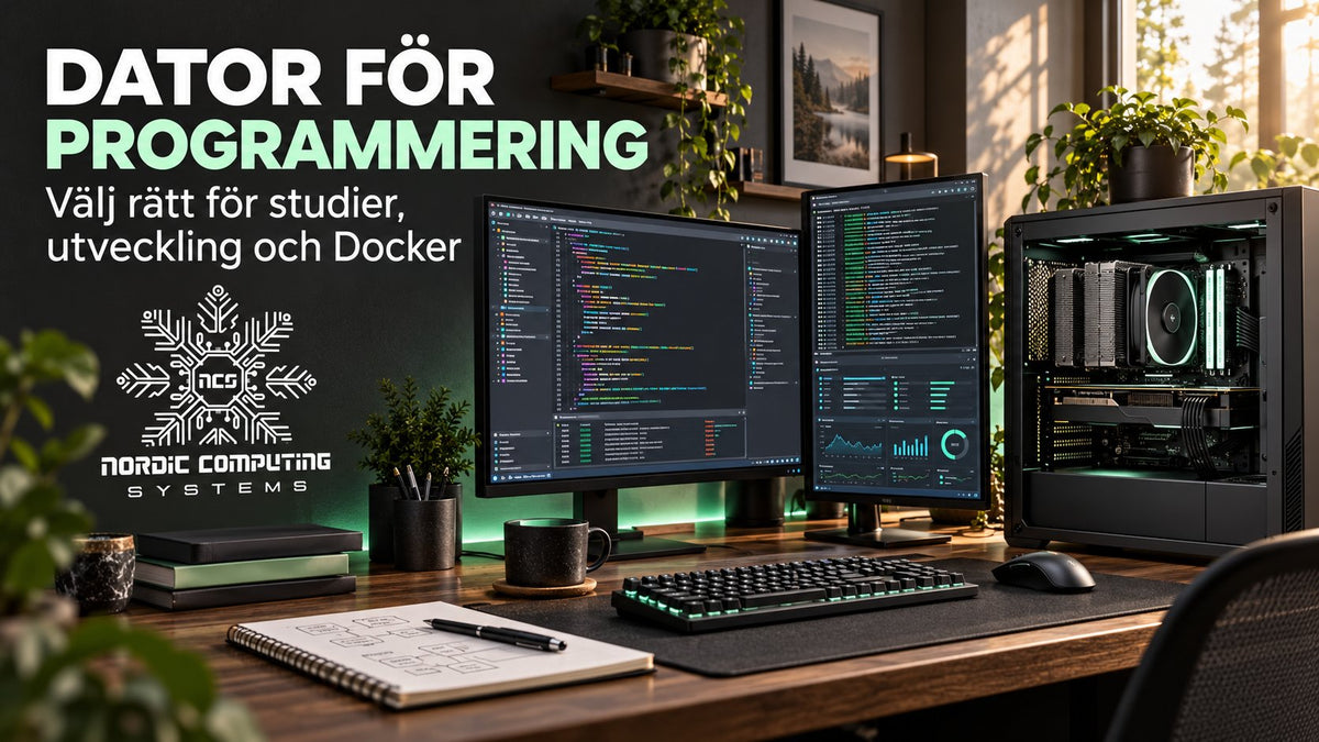 Dator för programmering med kodskärmar, artikelns titel och NCS-logga.