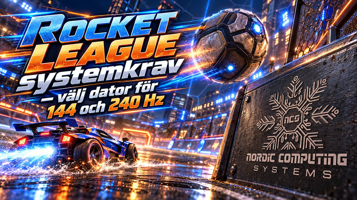 Rocket League systemkrav – välj dator för 144 och 240 Hz. Blå och orange sporttypografi, raketdriven bil och NCS-loggan graverad i arenans metallbarriär.