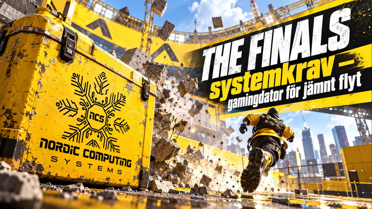 THE FINALS systemkrav – gamingdator för jämnt flyt. Arenagul miljö, sportinspirerad typografi och NCS-loggan på en gul utrustningslåda.