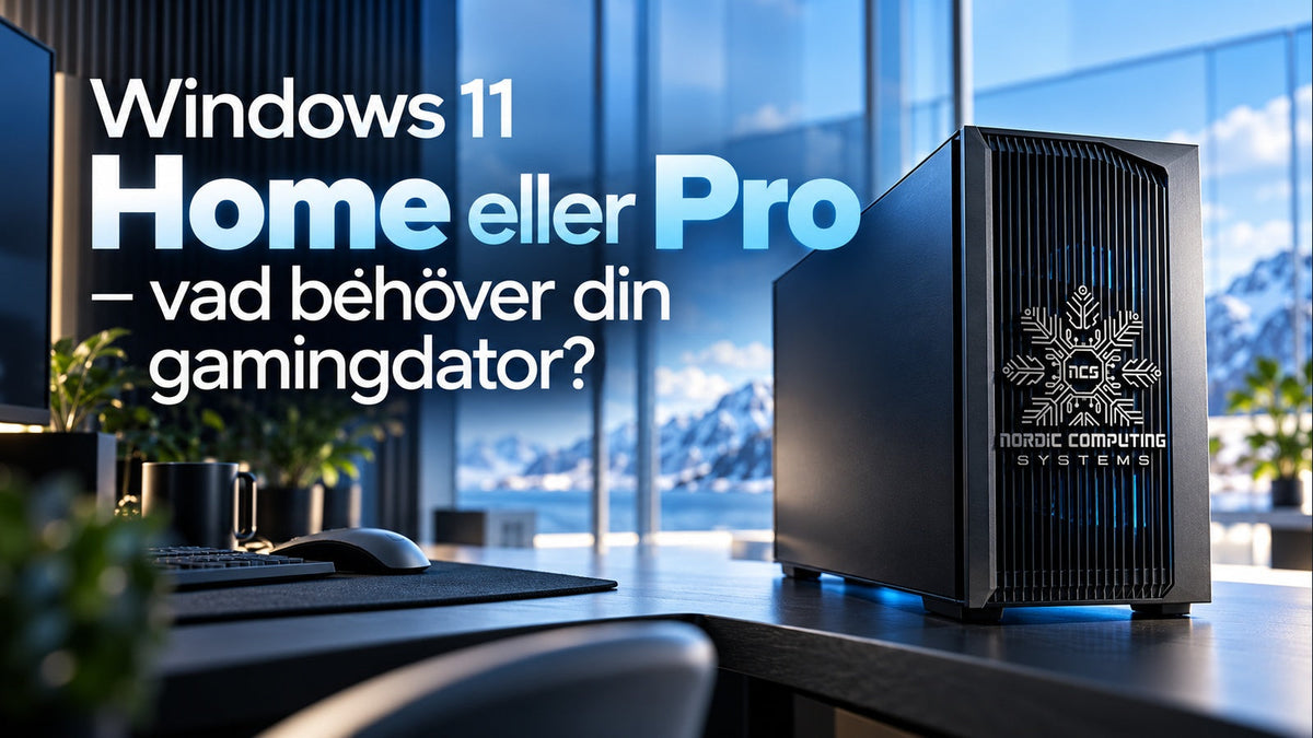 Windows 11 Home eller Pro – vad behöver din gamingdator? Ljus isblå miljö och en sluten gamingdator med NCS-loggan integrerad i fronten.