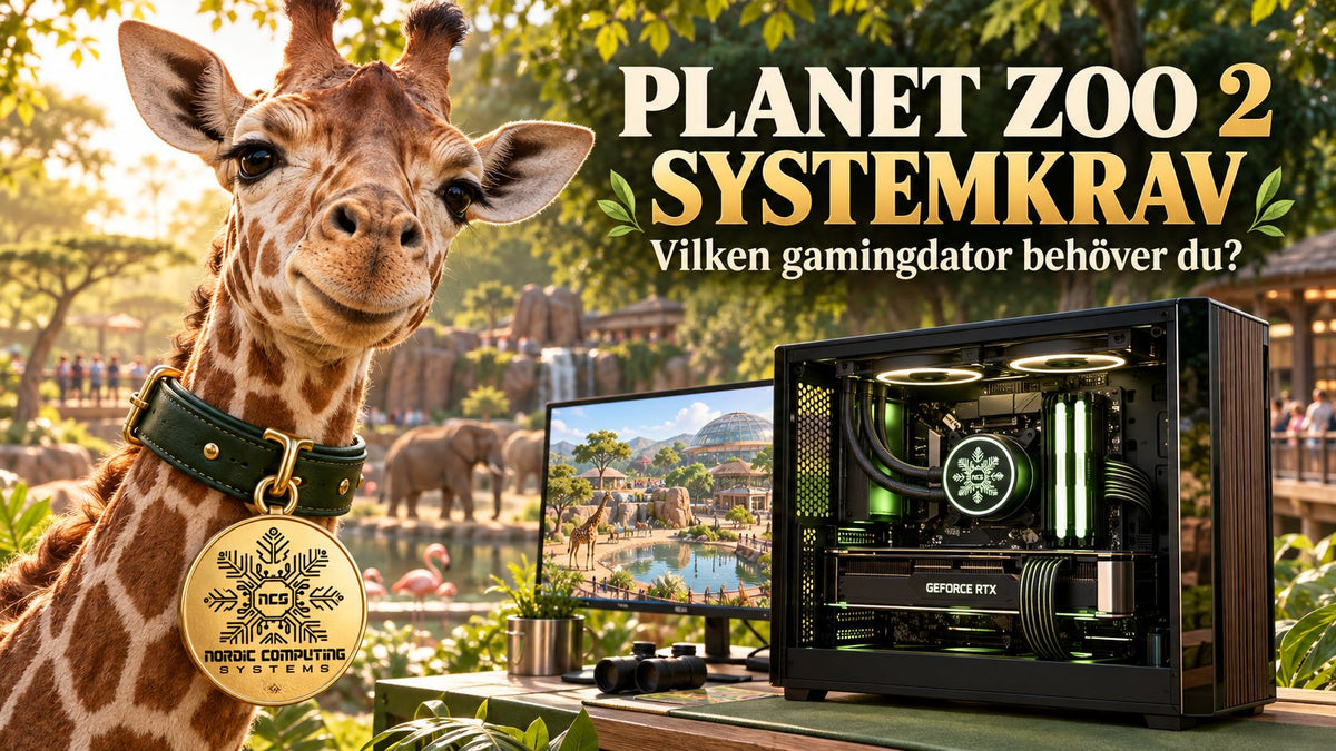 Giraff med Nordic Computing Systems logga på ett guldhänge bredvid en gamingdator i djurparkstema, med titeln Planet Zoo 2 systemkrav – vilken gamingdator behöver du?