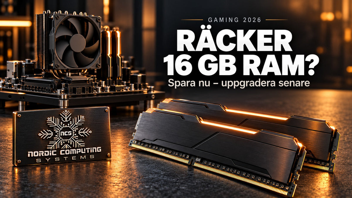RAM-minnen med orange belysning, luftkylare och Nordic Computing Systems logga samt texten Räcker 16 GB RAM? Spara nu – uppgradera senare.