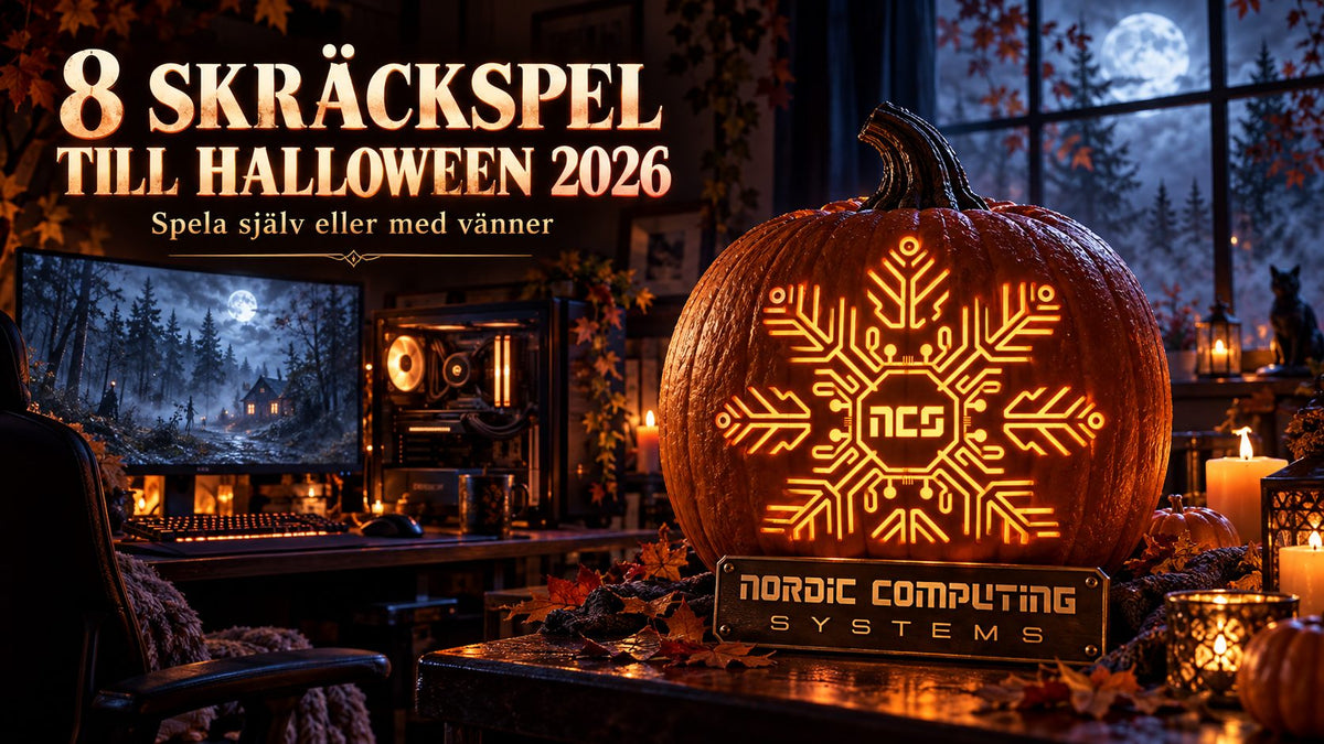 Halloween-spelhörna med en lysande pumpa med Nordic Computing Systems logga och titeln 8 skräckspel till Halloween 2026 – spela själv eller med vänner