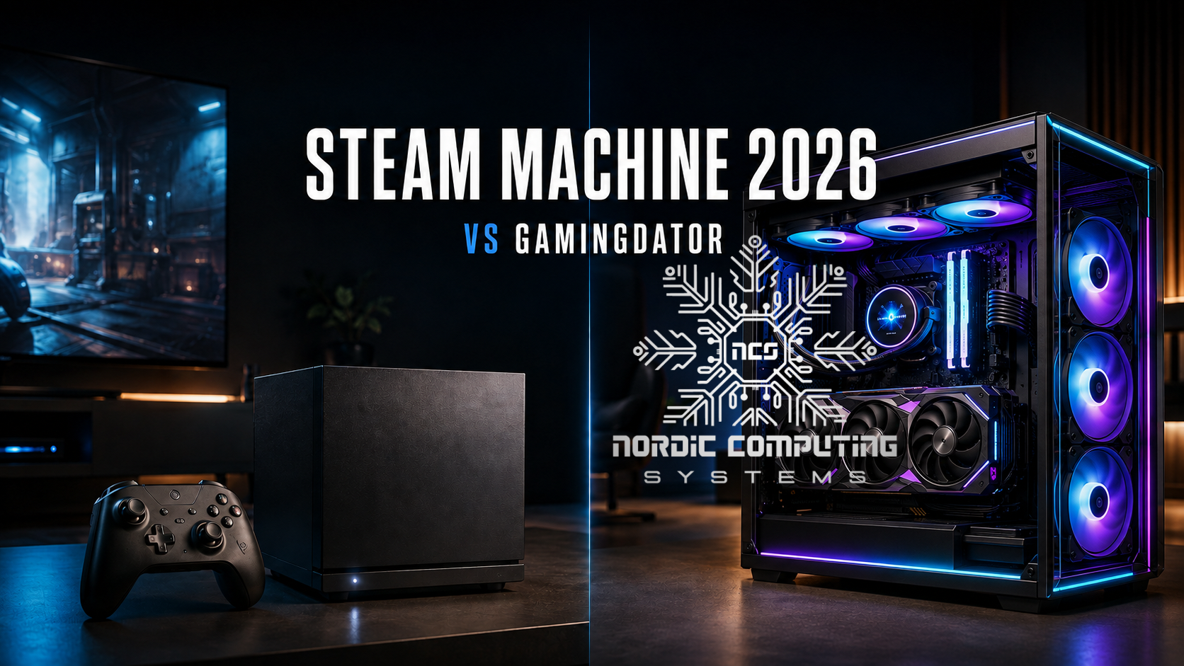 Steam Machine 2026 jämfört med en maxad gamingdator med RGB-belysning och AIO-kylare