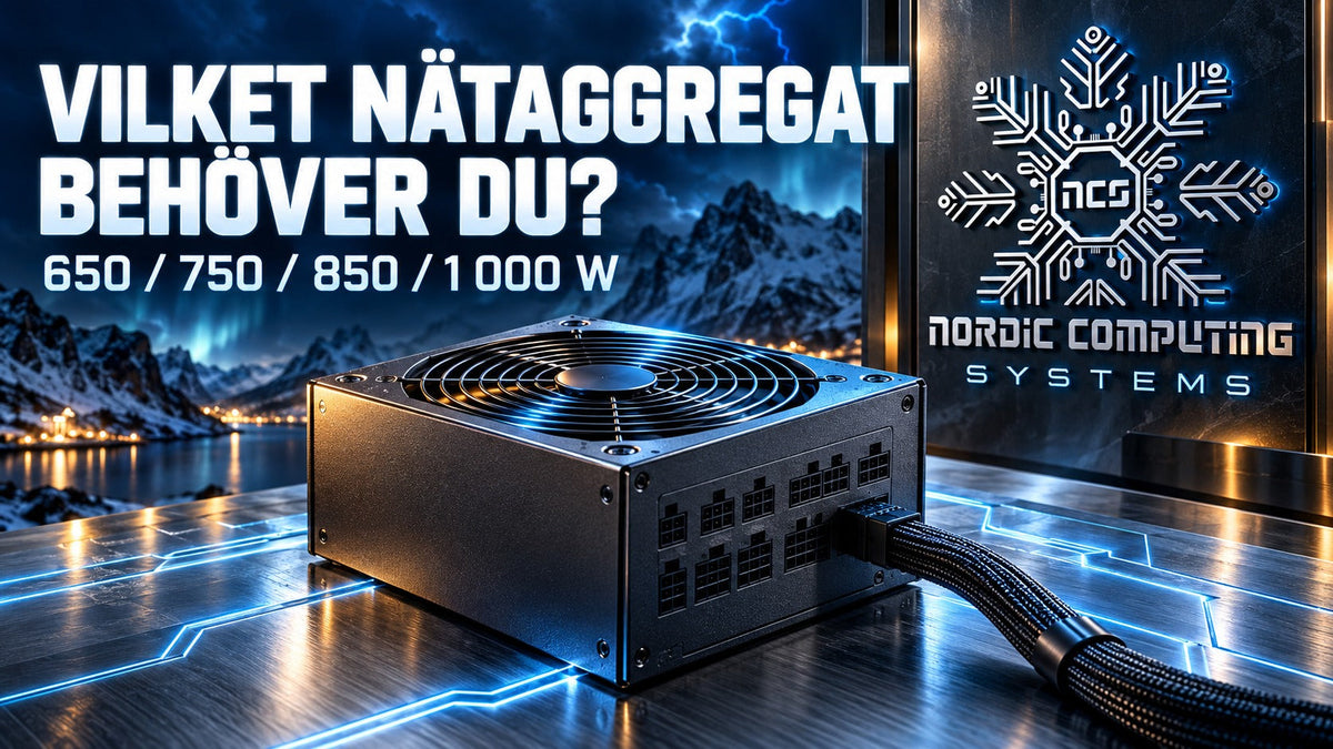 Nätaggregat i blå elektrisk miljö med Nordic Computing Systems logga och rubriken Vilket nätaggregat behöver du?