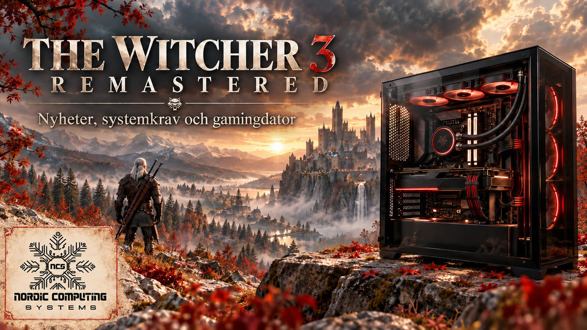 Gamingdator med röd belysning framför ett dimhöljt fantasylandskap med Geralt, slott och Nordic Computing Systems-loggan