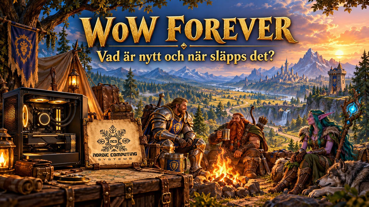 WoW Forever – vad är nytt och när släpps det? Fantasylandskap med äventyrare kring en lägereld, en gamingdator och NCS-märkning på en pergamentskylt.