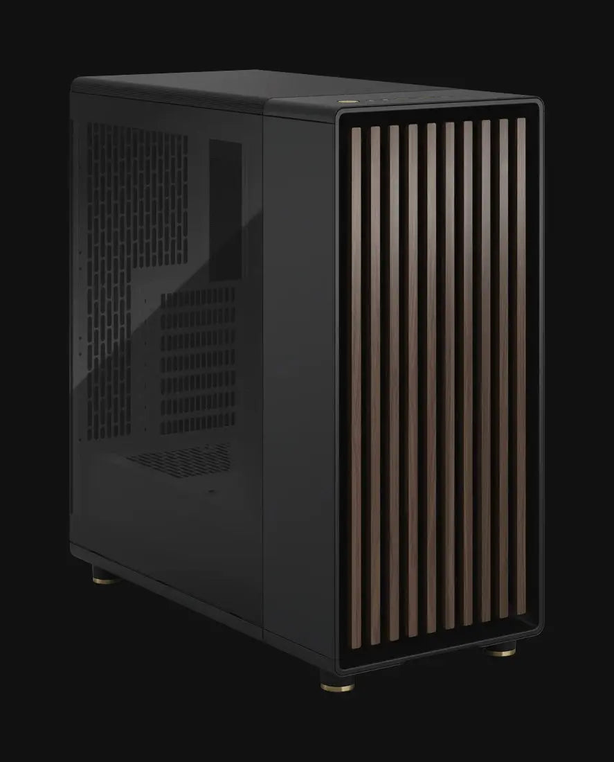 Svart Fractal Design North-chassi med trälameller i fronten och en diskret sidopanel